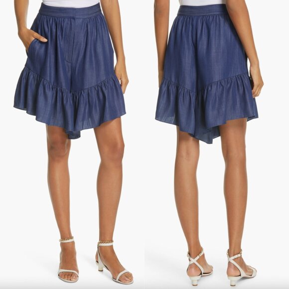 $350 NWT Tibi Dark Indigo Drape Ruffle Asymmetric High Rise Shorts size 00